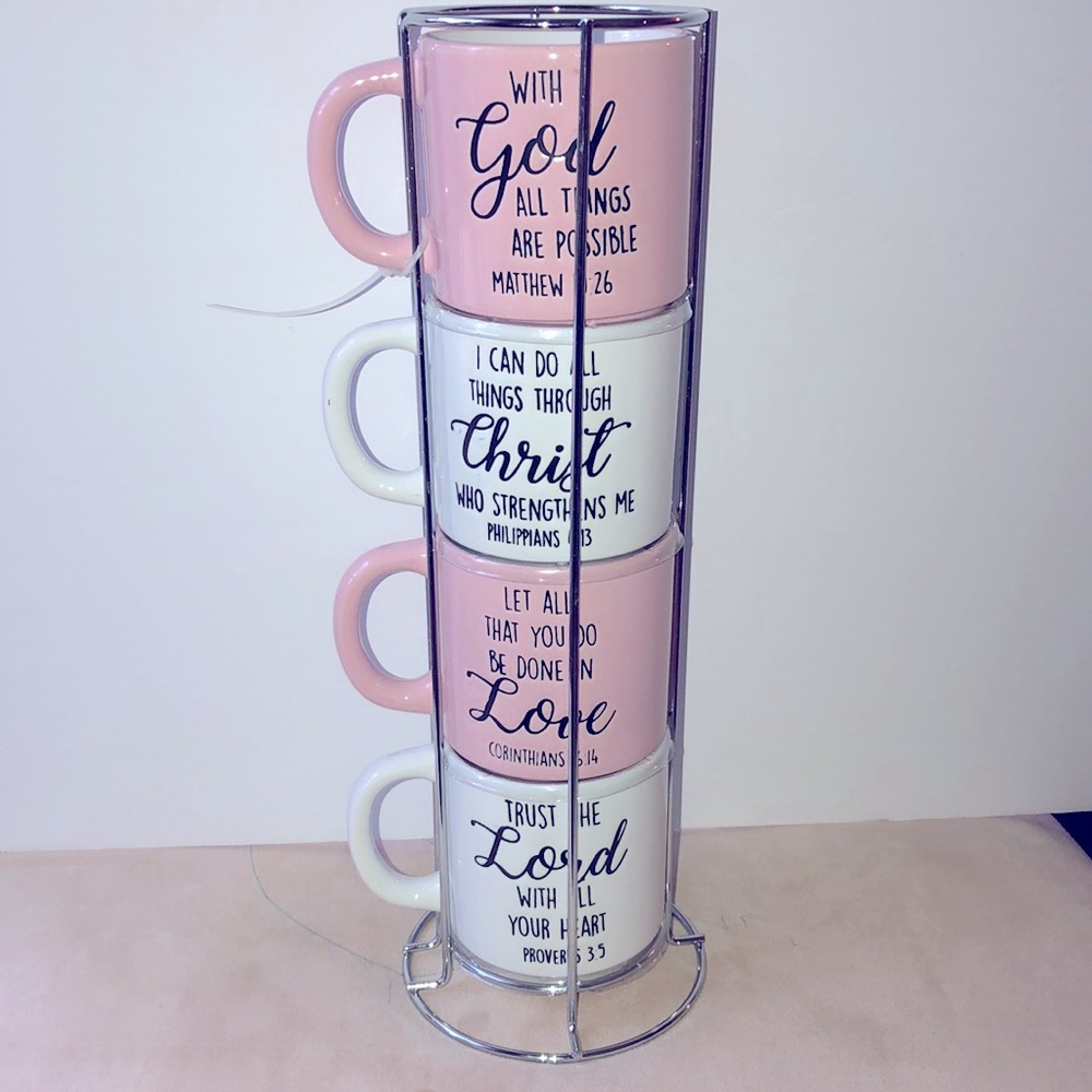 4 ceramic Bible verse mugs with metal base new
